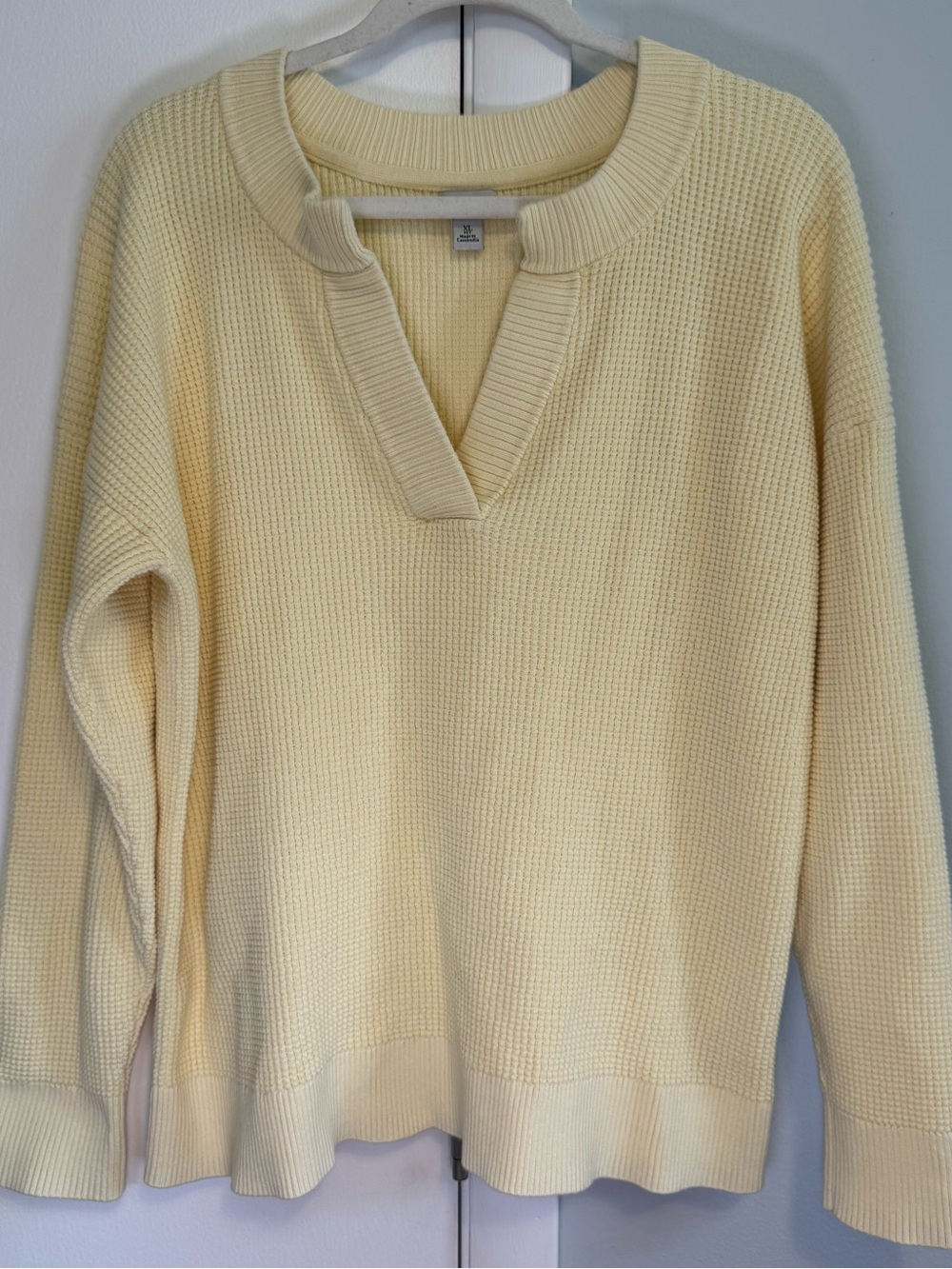 L.L. Bean Butter Yellow V‑Neck Waffle Knit Sweater. 100% cotton.